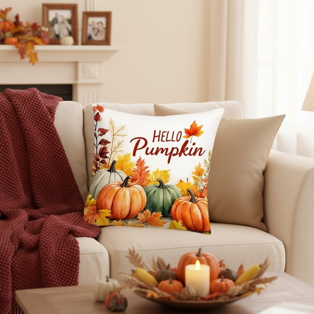 Thanksgiving Pillow Covers 17.7x17.7 Inches Fall Pumpkin Decorative Pillow Cases With Soft Fabric Hidden Zipper For Home Decor