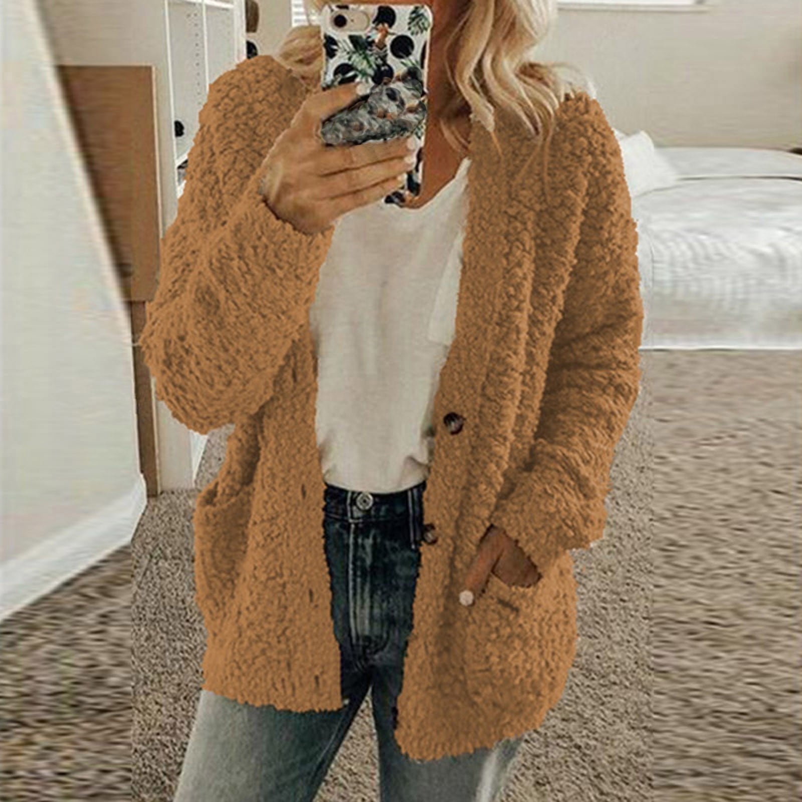 Waiimak Women s Fuzzy Popcorn Cardigan Knit Oversized Sherpa Sweater Coat Other