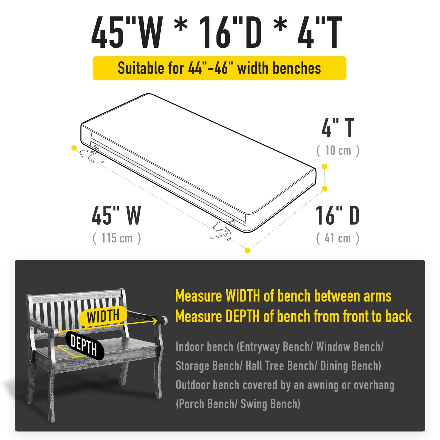 SUNROX Gel Memory Foam Bench Cushion with Ties, Water Resistant FadeShield Ultra Durable Outdoor/Indoor Universal Bench Seat Pads 45 x 16 x 4 inch, BURGUNDY