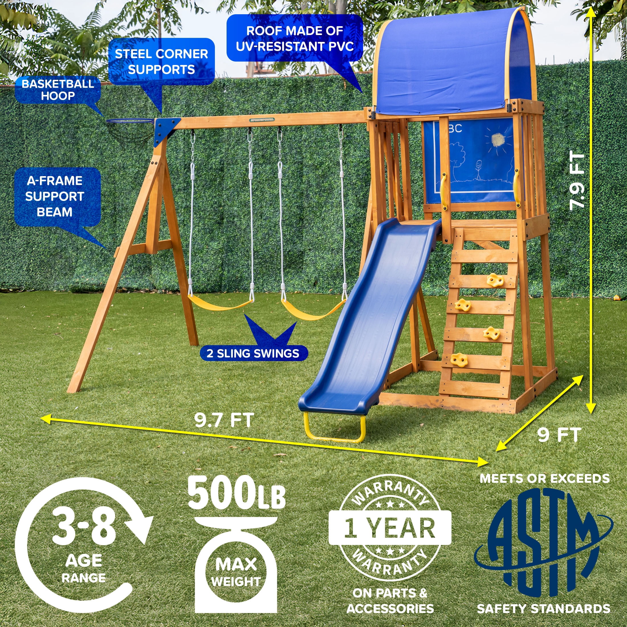Sportspower Addison Hoop-n-Swing Wooden Swing Set with Basketball Hoop, Double A-Frame, Sling Swings, Lifetime Warranty on 5-FT Slide, & Bonus Anchor Kit - for Ages 3-8