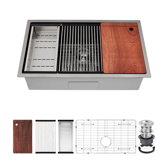 QinaQin 32×19×10 Inch Recessed Kitchen Sink, Black Stainless Steel Single Bowl Countertop Sink (5-Piece Set)