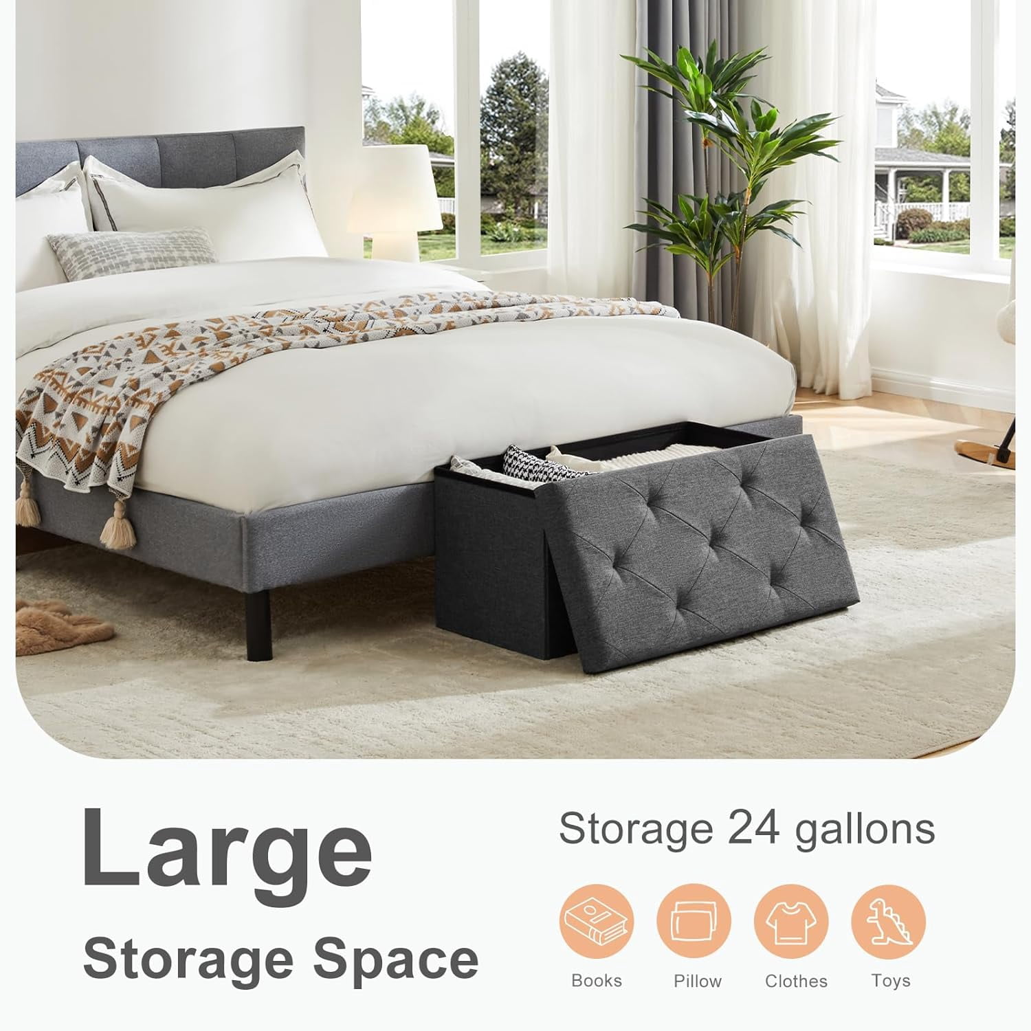 30" Folding Storage Ottoman Bench Storage Linen Footrest with Foam Padded Seat, Holds up to 330 lbs, Gray