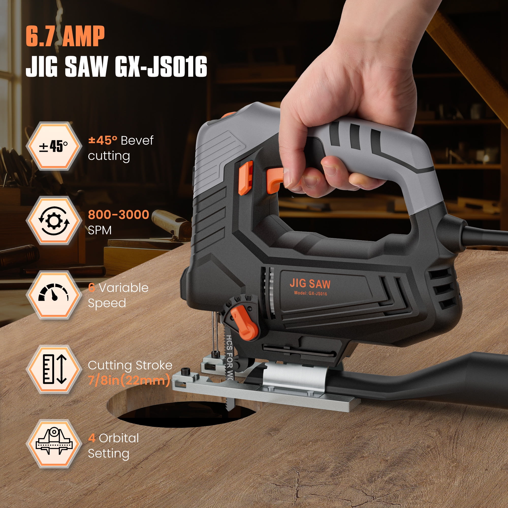 Naipo 800W 120V Variable Speed Jigsaw with 6.7A, 3000 RPM, 6-speed