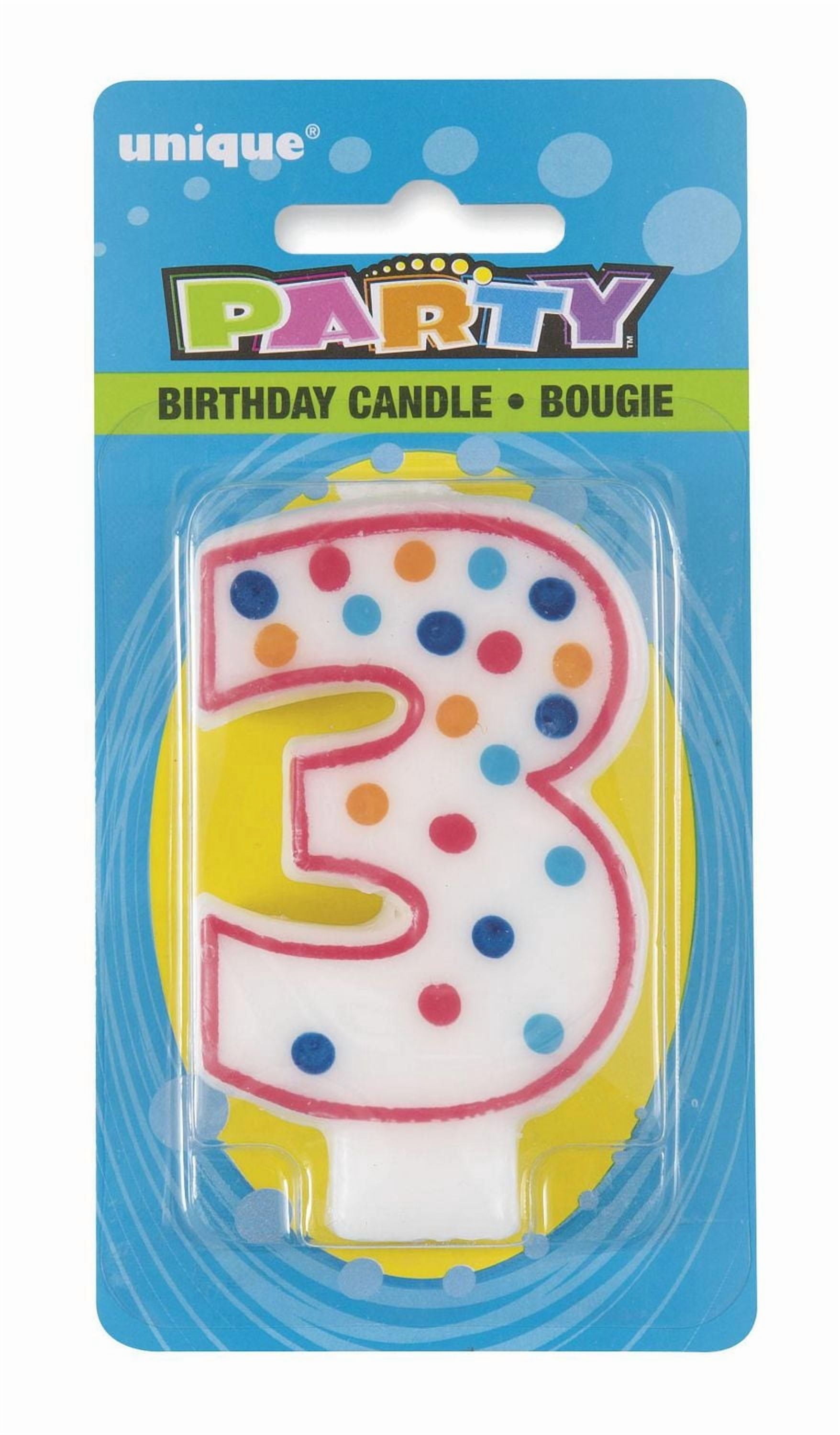 Polka Dot Number "3" Birthday Candle, Each candle measures 2" x 3" (width x height)