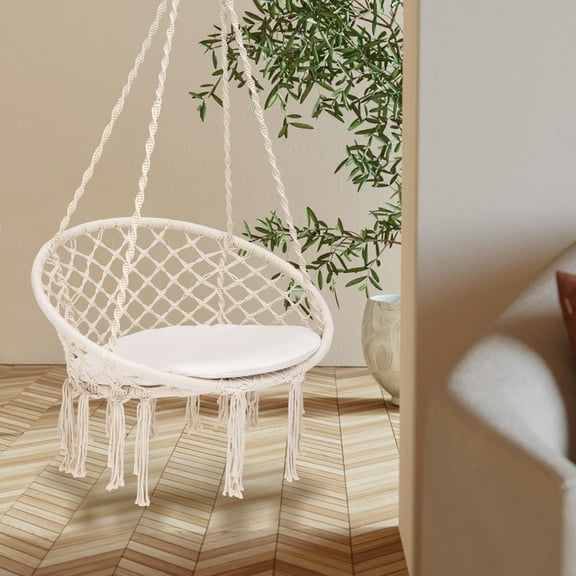 Patiojoy Hanging Hammock Chair Macrame Swing Chair Beige with Soft Cushion for Bedroom, Patio, Backyard, Balcony