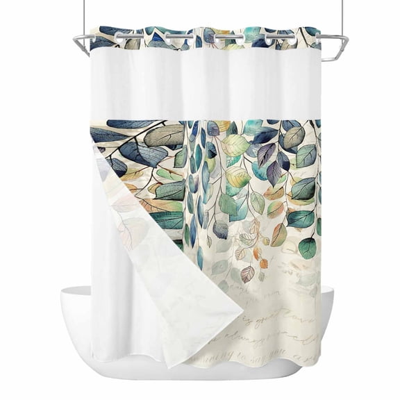 No Hook Shower Curtain, Blue Teal Botanical Extra Long Bathtub Curtains with Snap in Liner, Weeping Fall Eucalyptus Leaves Rustic Waterproof Washable Fabric Shower Curtain Set, 72"W x 96"L