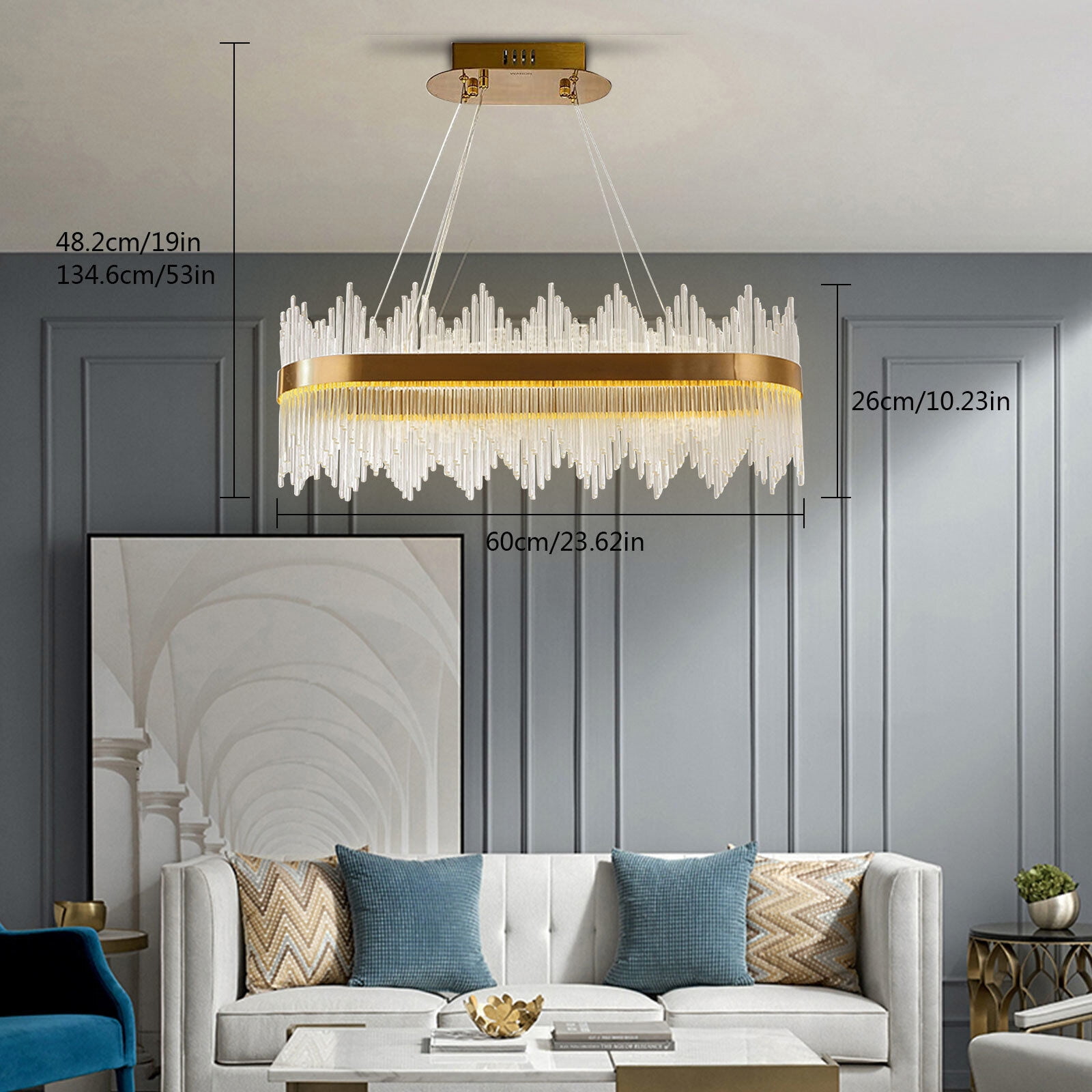 Miumaeov 23.6'' Modern Crystal LED Chandelier Ceiling Light Pendant Lamp 3-Color Living Dining Room Lighting Fixture