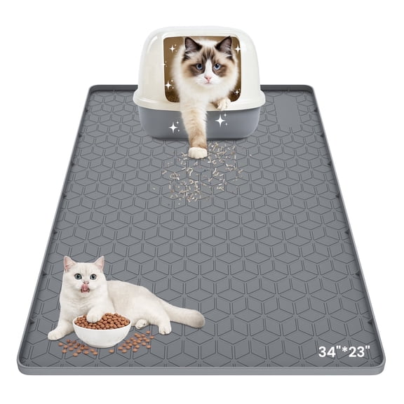 GokeLQ Cat Litter Mat, 34" x 23" Large Silicone Litter Box Mat with 20mm Raised Edge, Waterproof Urine-Proof Non-Slip Litter Trapping Mat, Easy to Clean, Dark Gray