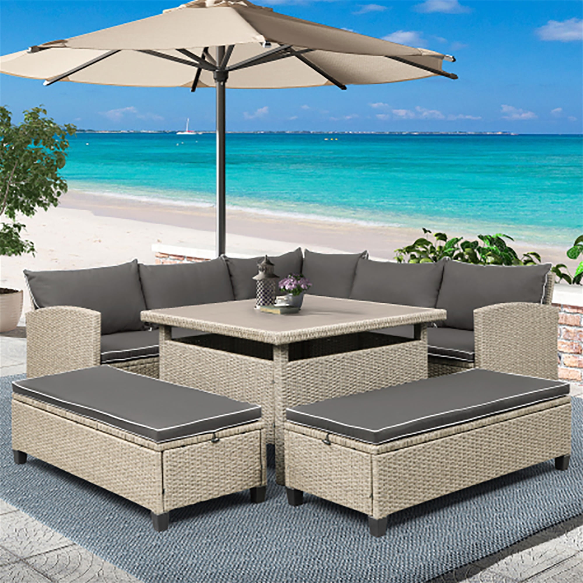 Kadyn 6 Piece Outdoor Patio Furniture Set, Sofa Sectional with Table and Chairs, All Weather Wicker Conversation Set, Gray Kadyn 6 Piece Outdoor Patio Furniture Set, Sofa Sectional with Table and Chairs, All Weather Wicker Conversation Set, Gray