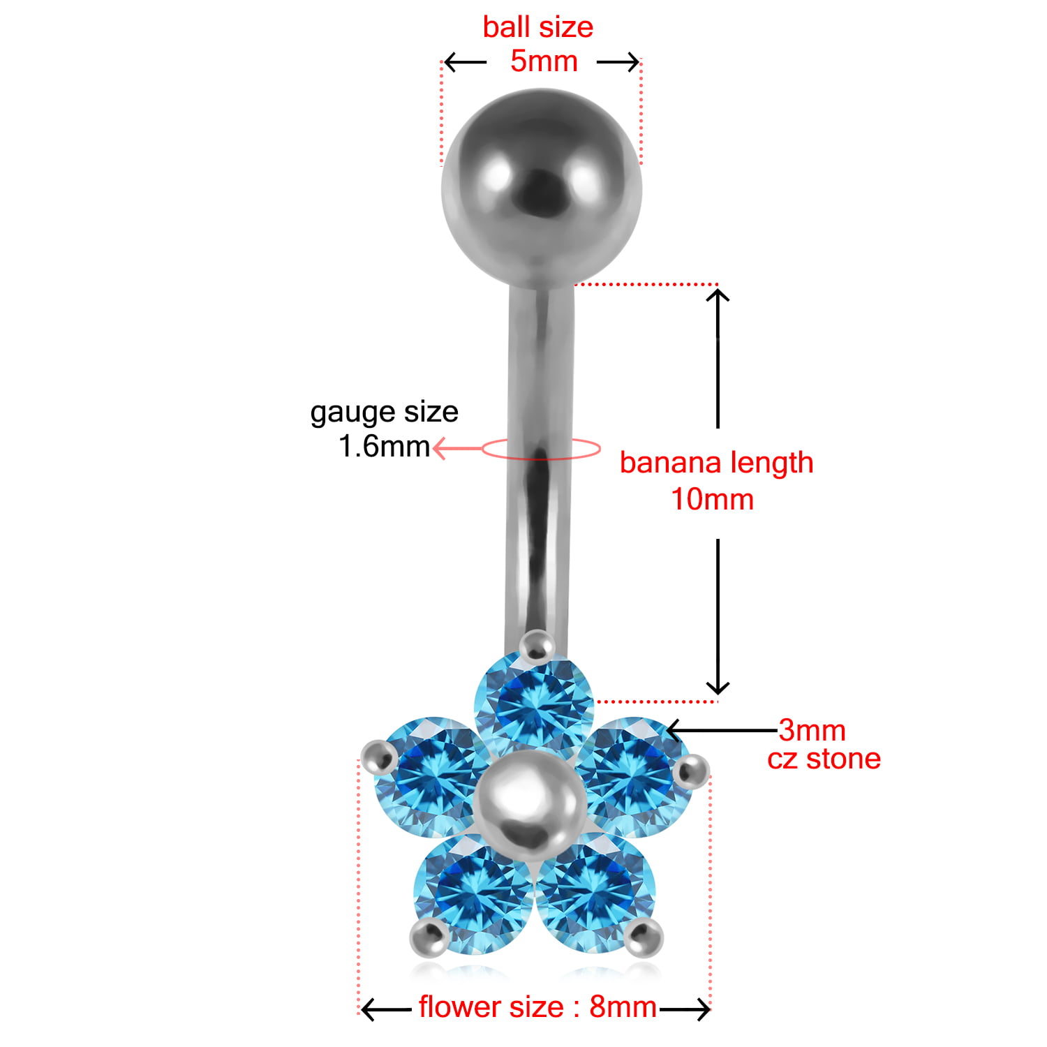 Silver Belly Rings CZ Gemstone Stylish Round with 2 Flower Dangling 925 Sterling Body Jewelry