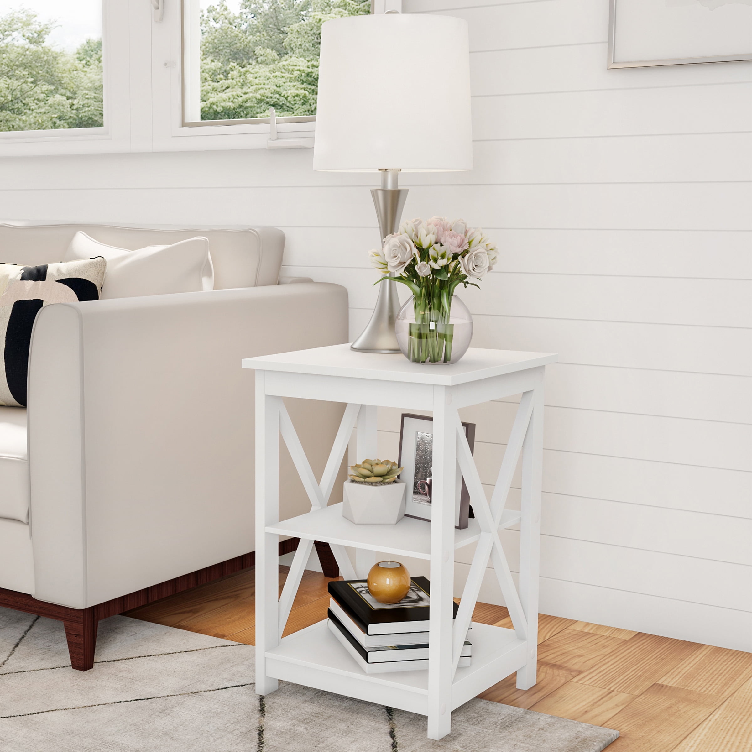 Lavish Home Wooden End Table with Two Shelves and X-Shaped Design