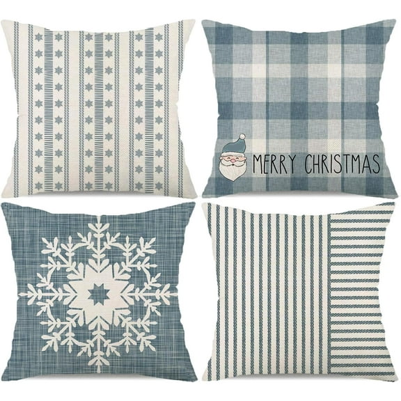Blue Striped Christmas Decorations Pillow Covers 18x18 Set of 4 Stripes Snowflake Buffalo Plaid Santa Claus Merry Christmas Winter Holiday Farmhouse Decor Throw Pillows Cushion Case FC118-18