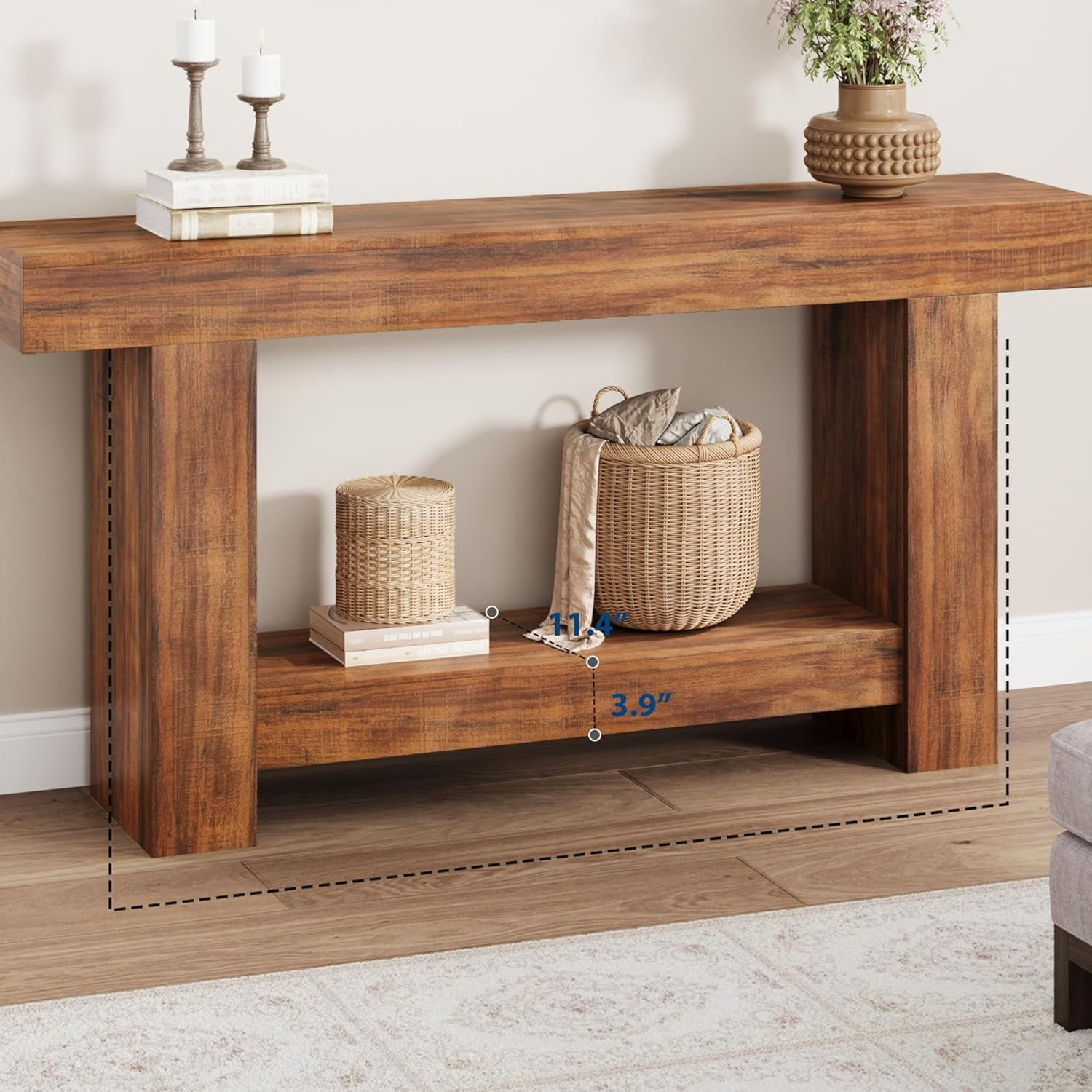 63 Inch Console Table, 2-Tier Farmhouse Sofa Table with Storage, Large Entryway Table for Living Room, Hallway, or Foyer