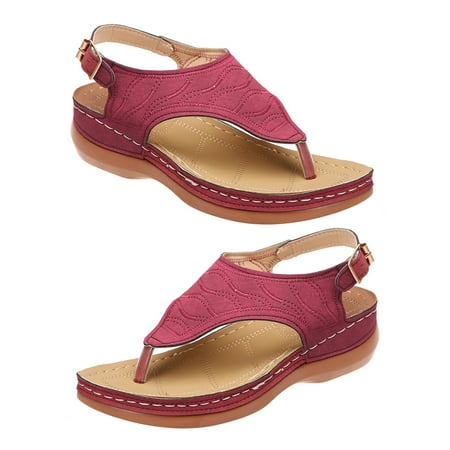 

Kitem Women Sandals Open Toe Strap Wedges Solid All Match Flip Flop Type Faux Leather Retro Anti-slip Roman Sandals for Beach