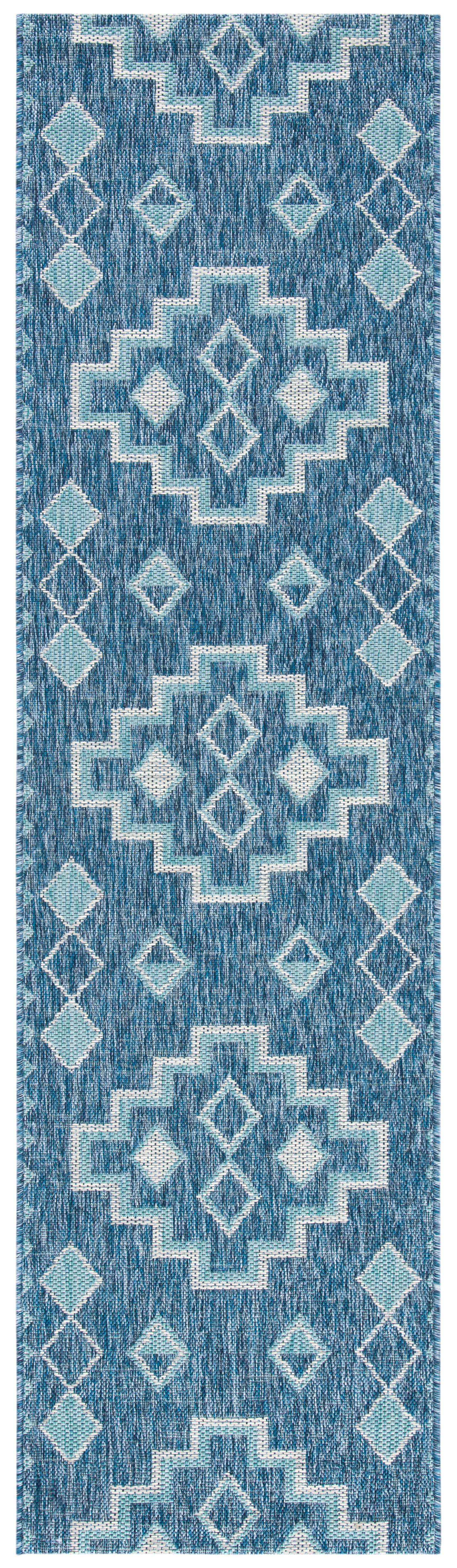 SAFAVIEH Courtyard Floella Geometric Indoor/Outdoor Runner Rug, Navy/Aqua, 2'3" x 12'