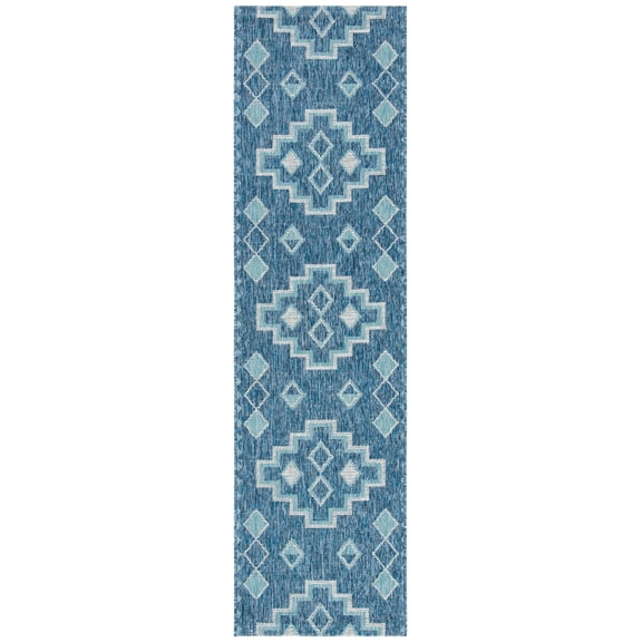 SAFAVIEH Courtyard Floella Geometric Indoor/Outdoor Runner Rug, Navy/Aqua, 2'3" x 14'