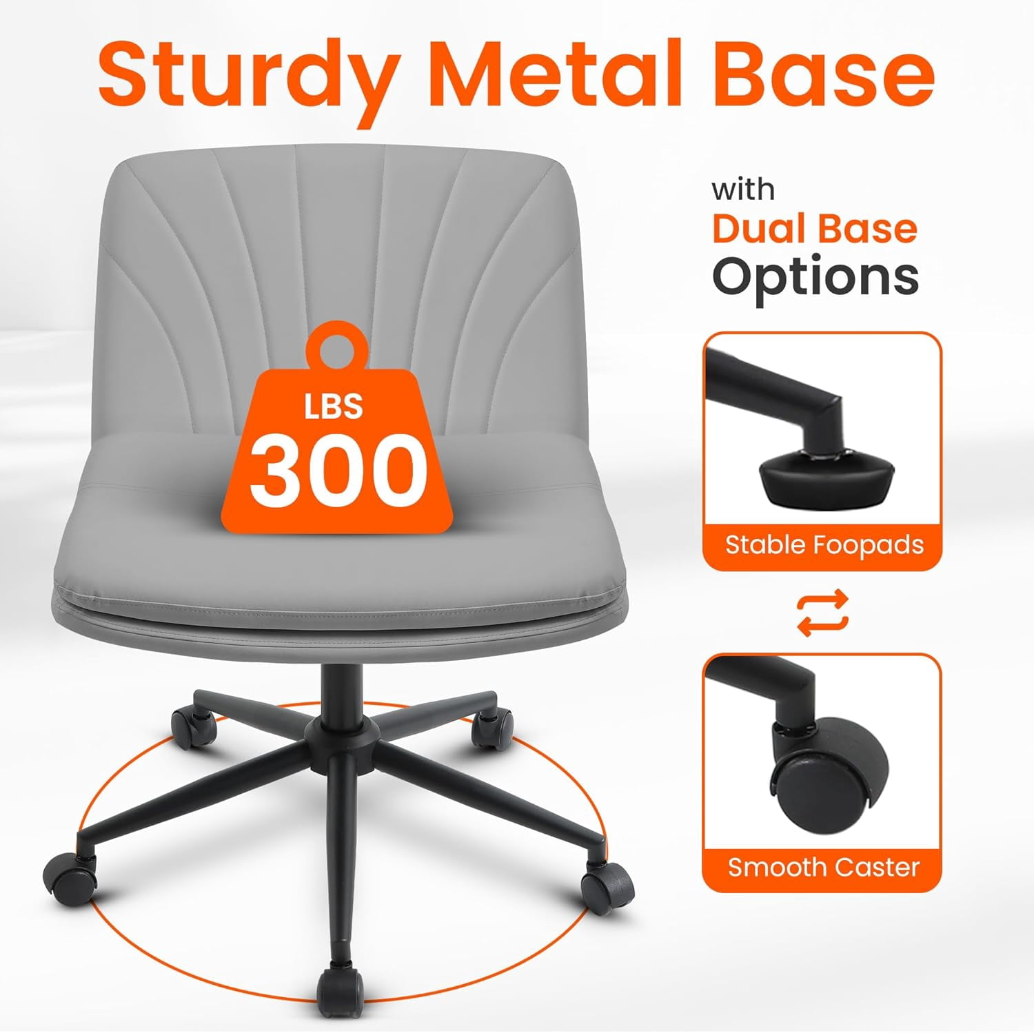 Orange Factory Criss Cross Chair with Wheels Comfy Wide Vanity Desk Chair Dual Base Leather Armless Adjustable Swivel for Home Computer Task (Grey Pu, Faux Leather)