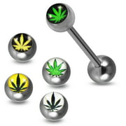 Marijuana Leaf Logo Picture Tongue ring Set 14 Gauge - 19MM Length 316L Surgical Steel with Logo Picture Ball Tonuge Ring Body Piercing Jewelry
