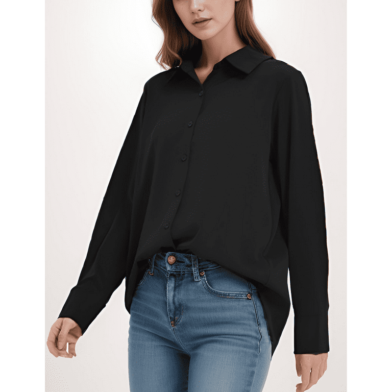 Wataxii Black Blouses for Women Dressy Casual Long Sleeve Button Down Shirt Collared Work Office Business Chiffon Blouse Shirt Tops Wataxii Black Blouses for Women Dressy Casual Long Sleeve Button Down Shirt Collared Work Office Business Chiffon Blouse Shirt Tops