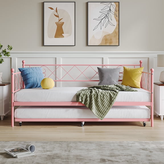 Space-Saving Metal Daybed with Trundle – Heavy Duty Steel Slat Support, Headboard, Easy Assembly, Ideal for Bedroom, Living Room or Guest Room – Pink, Twin Size Set