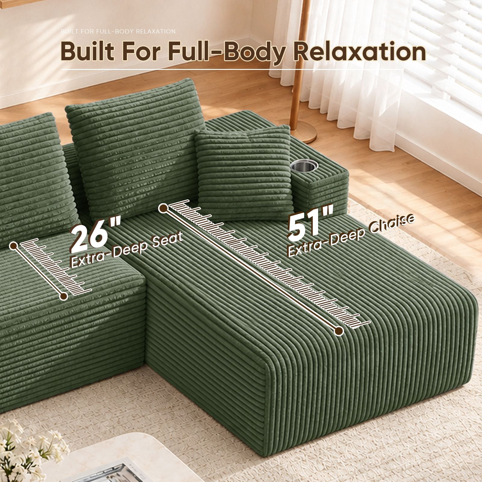 Lunale 95" Modular Sectional Sofa, L-Shaped Boneless Cloud Couch with Cup Holders, Modern Deep Seat Sofa for Living Room, Green (Right Facing Chaise)