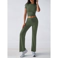 thumbnail image 6 of Women'S 2 Piece Lounge Sets Short Sleeve Tops Fold-over Flare Pants Casual Outfits Matching Set Green S, 6 of 9