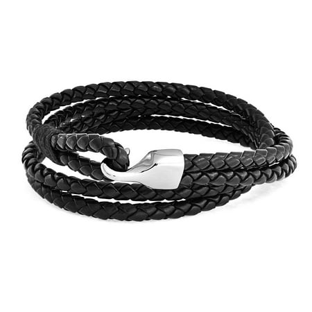 Double Braided Leather - Black Braided Woven Weave Leather Double Wrap Bracelet For Men For Women Hook Eye Clasp Silver Tone Stainless Steel