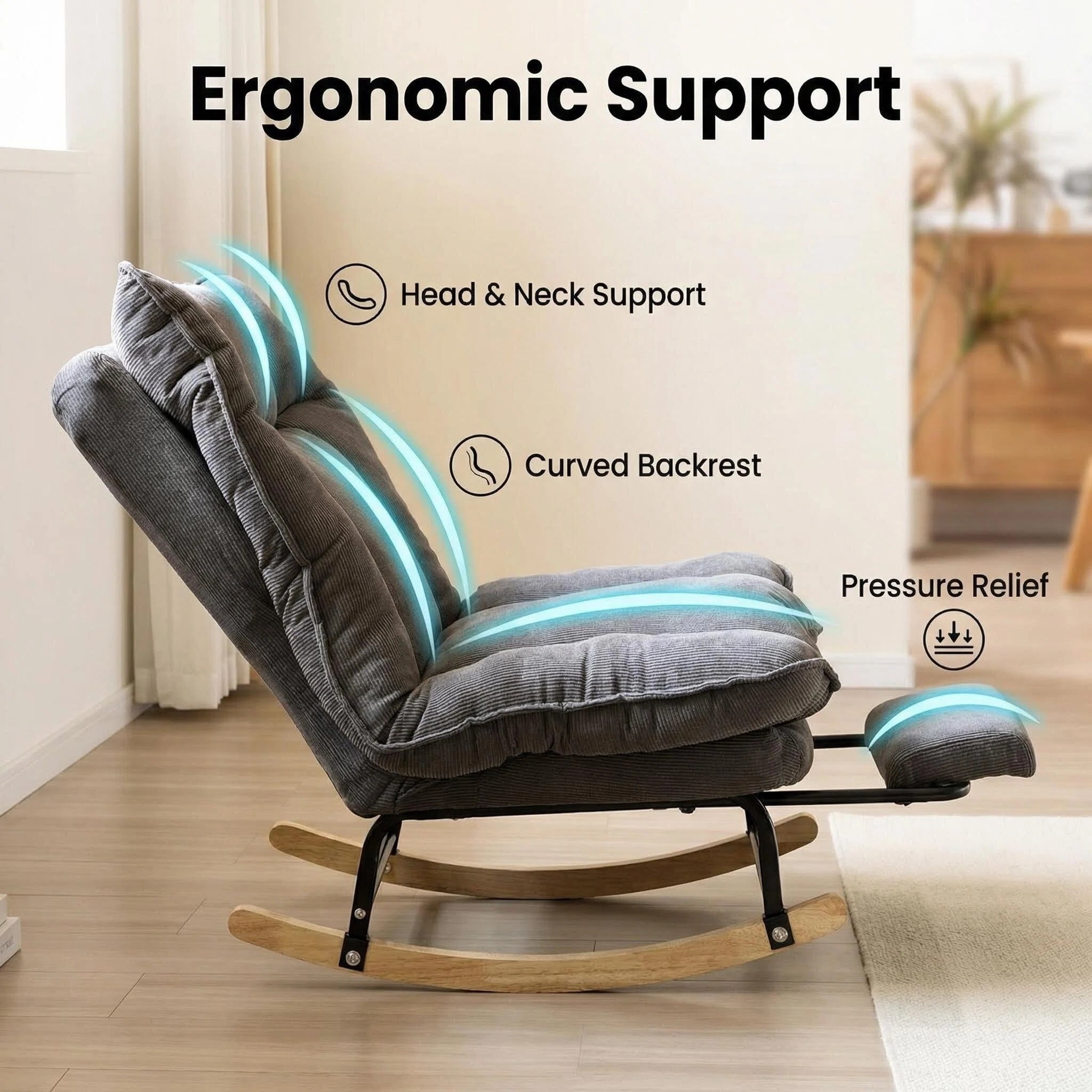Keerffo Nursery Rocking Chair with Footrest,Corduroy Upholstered Lazy Recliner Lounge Chair, Single Sofa for Living Room, Rubber Wood Legs