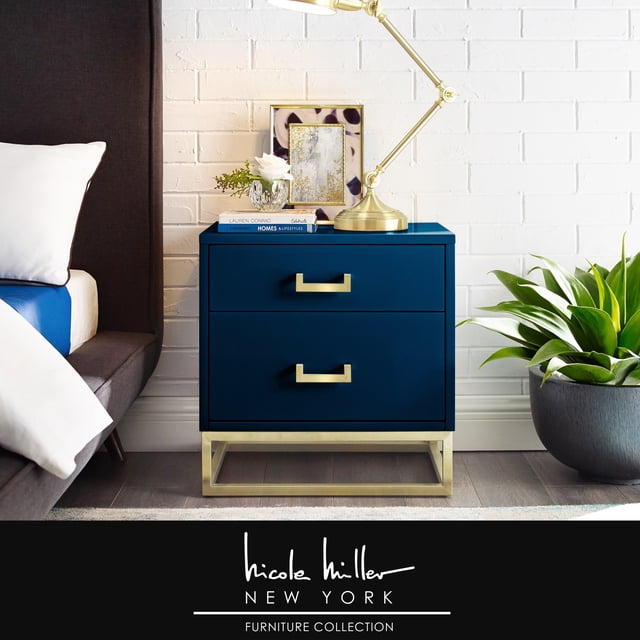 Nicole Miller Side Table Nightstand Raees 2 Drawers Gold Metal Handle/ Base, Dark Navy/Gold