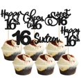 thumbnail image 1 of Topper para cupcakes Ephlyn para 16.º cumpleaños, negro con brillo, paquete de 30, 1 of 7
