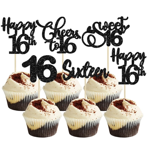 Topper para cupcakes Ephlyn para 16.º cumpleaños, negro con brillo, paquete de 30