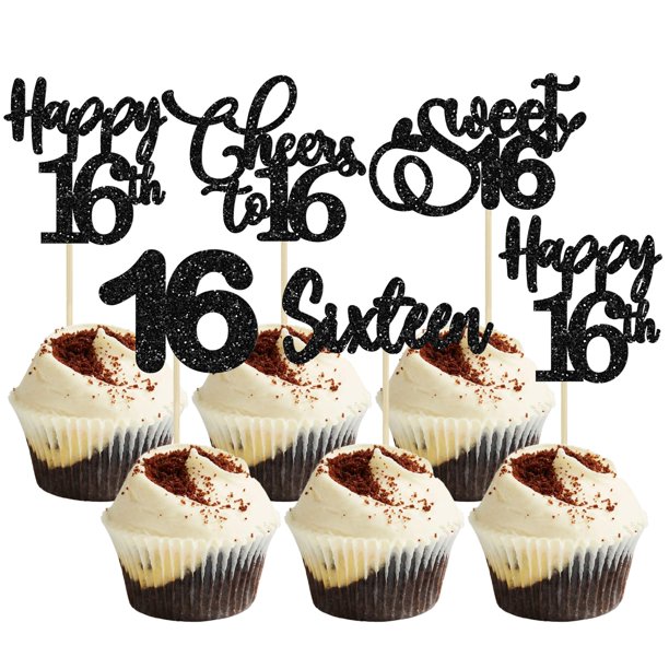 Topper para cupcakes Ephlyn para 16.º cumpleaños, negro con brillo, paquete de 30