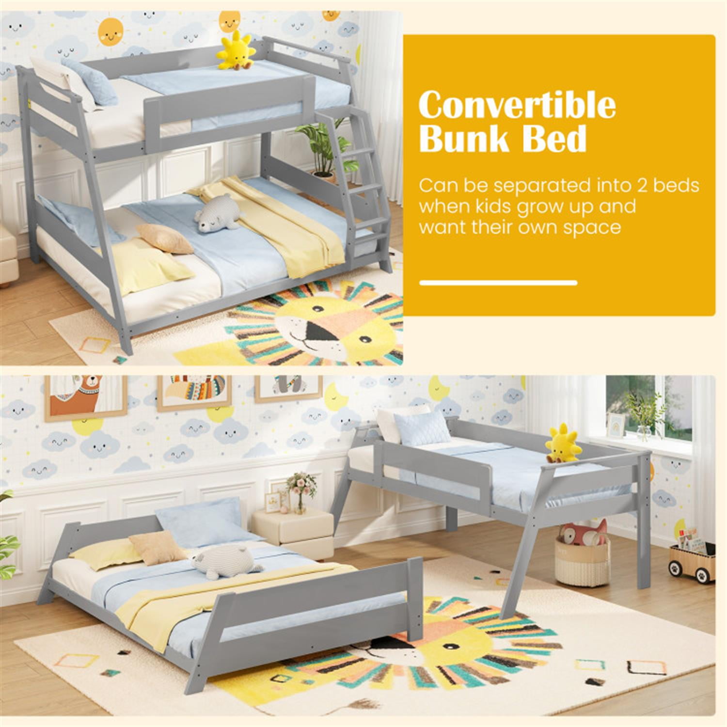 Demi Bonn Twin Over Full Low Bunk Bed with Reversible Ladder, Solid Wood Floor Bunkbeds Frame for Bedroom, No Box Spring Needed, Gray