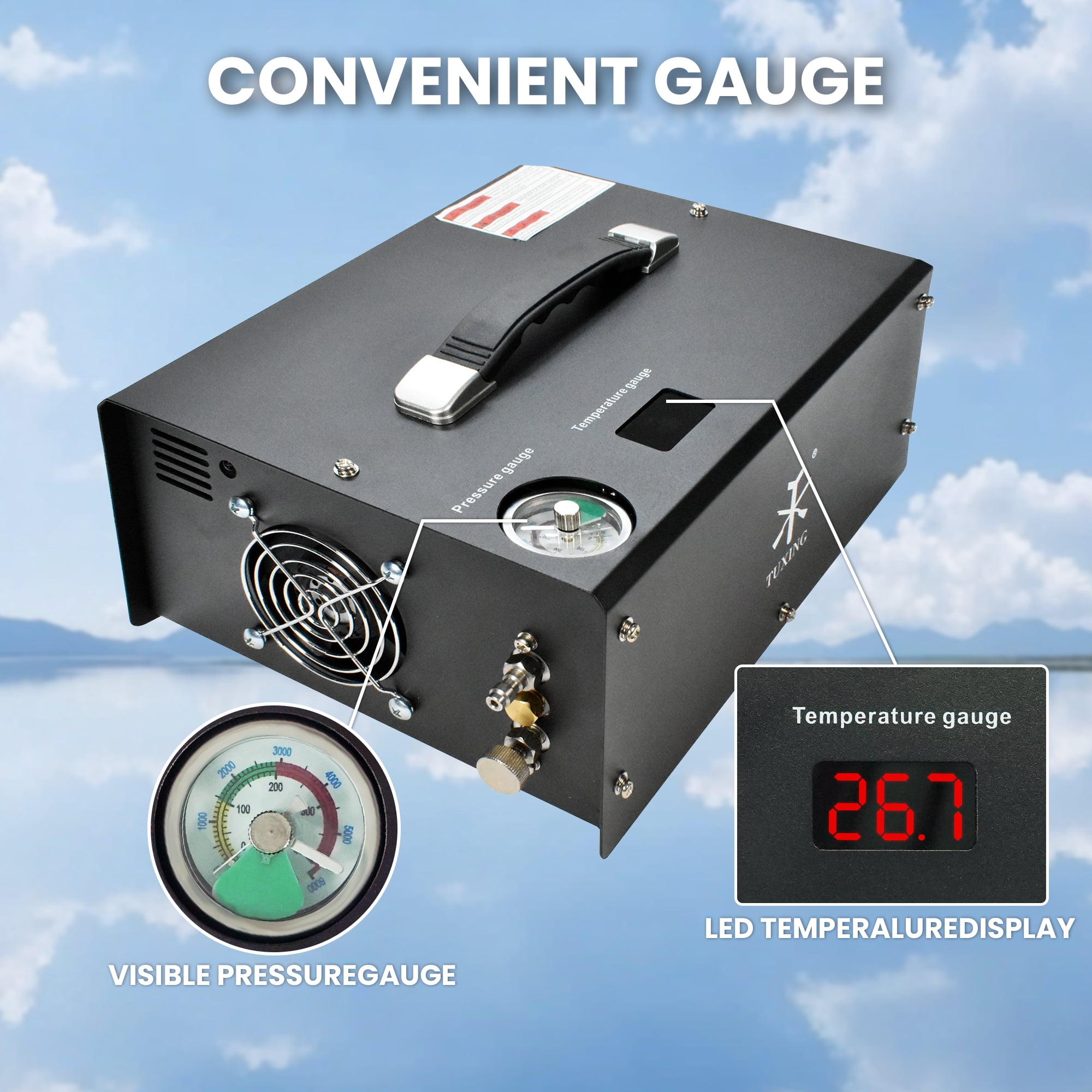TUXING Portable PCP Air Compressor, 4500Psi/30Mpa, Auto Stop,Oil-Free,Built-in Converter Powered by Car 12V DC or Home 110V AC,Paintball Tank Compressor with Extra Moisture-Oil Separator