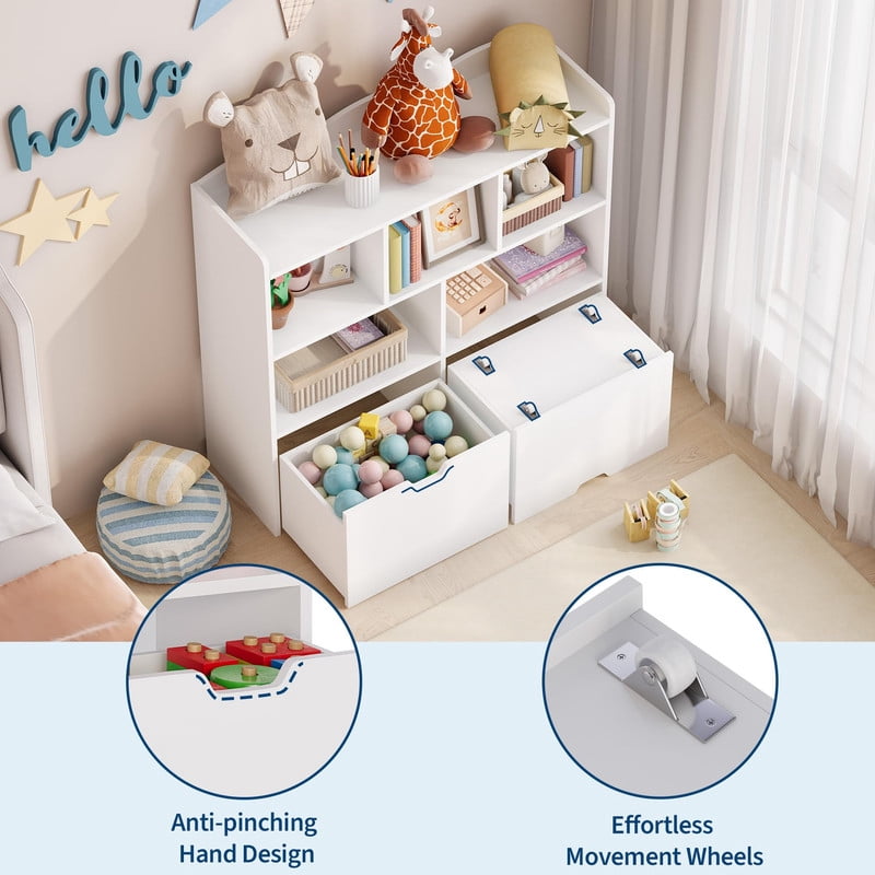 TROPOW Toy Storage Organizer with Movable Drawers, Kids Bookshelf with Hidden Wheels & Open Cubbies, Multifunctional Floor Storage Chest for Playroom