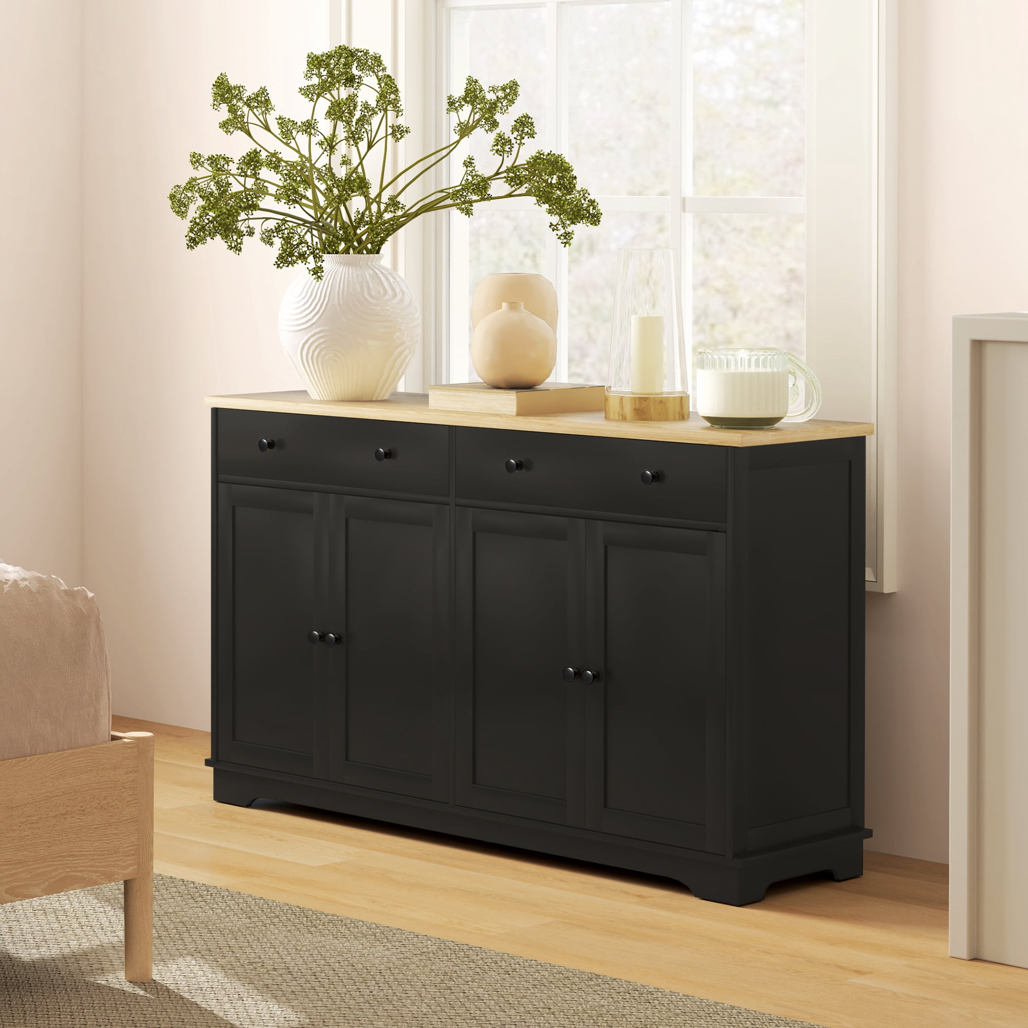 HOQBN Sideboard Buffet Cabinet, Storage Cabinet with Functional Drawers and Adjustable Shelves, Multipurpose Furniture for Living Room, Dining Room and Entryway, Black