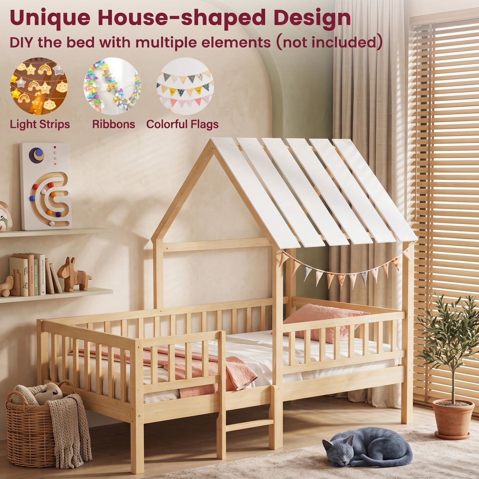 Furnibear House Bunk Bed with Roof and Full-length Guardrails Wood Low Floor Bed for Kids Teens Boys and Girls Bedroom, Natural