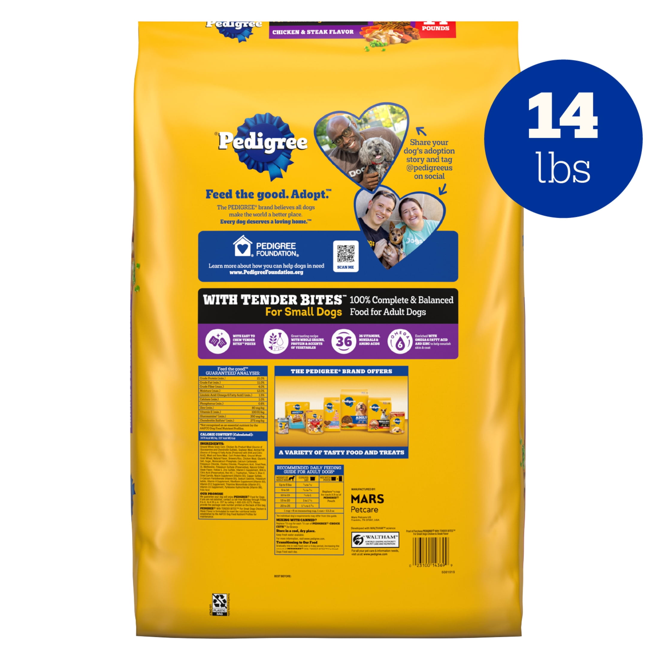 Pedigree Dry Dog Food Tender Bites for Small Breed Dogs, Adult Chicken and Steak Flavor, 14 lb. Bag