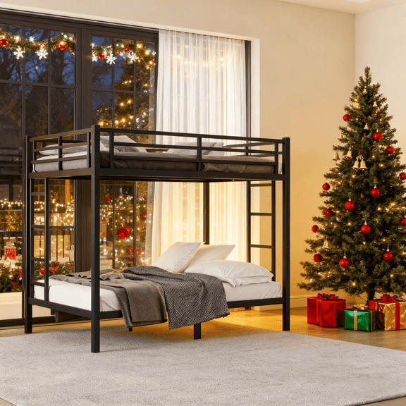 Queen over Queen Bunk Bed, Heavy Duty Metal Bunk Bed Frame for Adults and Teens, Space-Saving Double Bunk Bed with 2 Ladders, Noise Free, No Box Spring Needed, Black