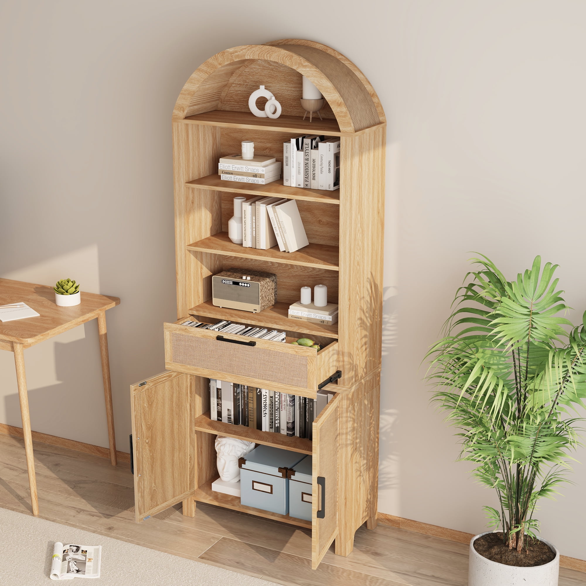 LEFHDA 78" Tall Bookshelf, Arched Bookcase with Drawers, Boho 6-Tier Bookshelf with Storage, Rattan Open Display Storage Shelf Bookshelf for Living Room Bedroom & Classroom(Oak)