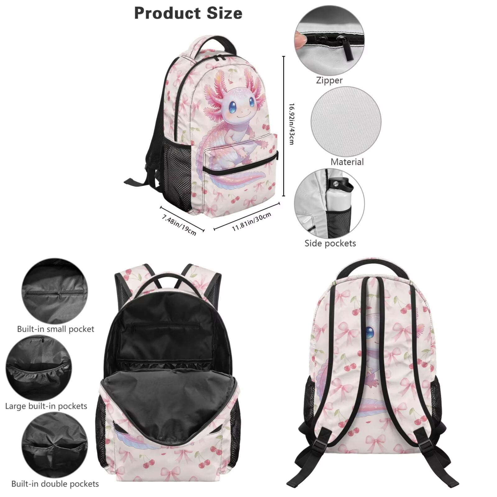 Pzuqiu Cherry Axolotl Back Pack for School Girls 5 pcs Kids Backpacks for Girls Lunch Bag with Water Bottle Holder Pencil Bag Cute Travel Rucksack Camping School Bag
