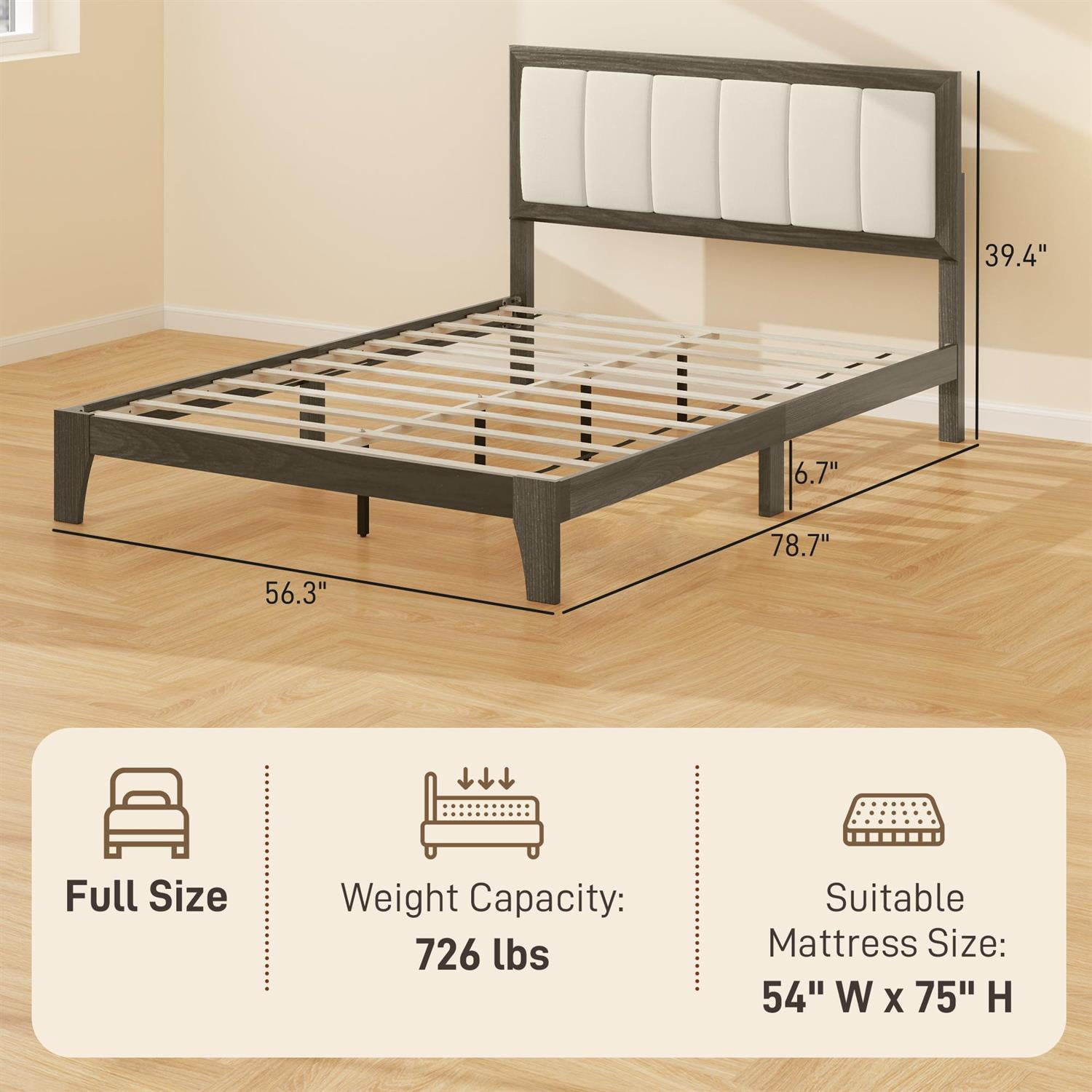 Demi Bonn Full Size Bed Frame with Headboard, Wood Slats & Modern Platform Style Without a Box Spring, Gray