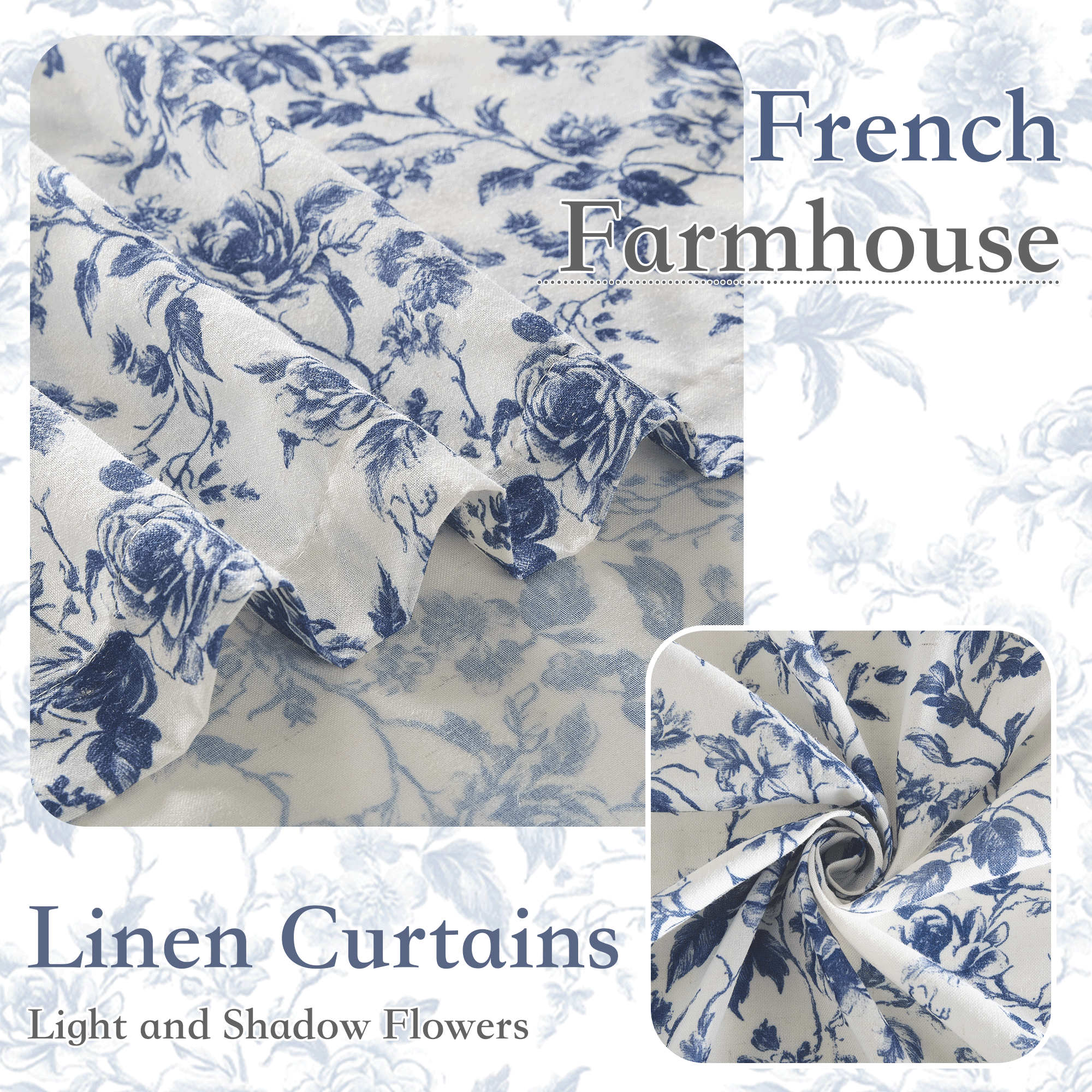 NICETOWN Floral Curtains for Living Room, Semi Sheer Linen Curtains Light Filtering Farmhouse Back Tab Window Drapes, Blue, 52"x84", 2 Panels