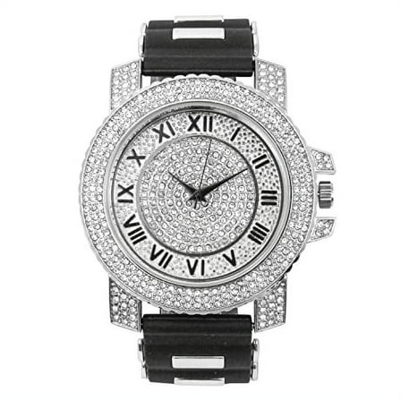 Charles Raymond Iced Oversized Hip Hop Bullet Rubber Band Mens Watch, That Shows Your Lust for Life - GJM (ST10439RN-Silver-Blk #R)