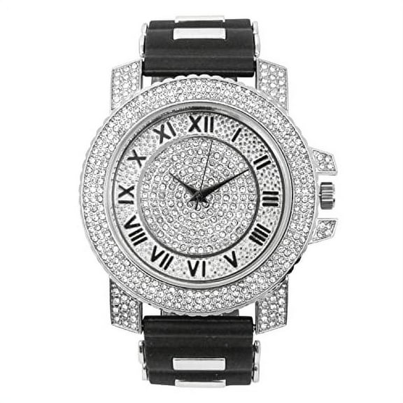 Charles Raymond Iced Oversized Hip Hop Bullet Rubber Band Mens Watch, That Shows Your Lust for Life - GJM (ST10439RN-Silver-Blk #R)