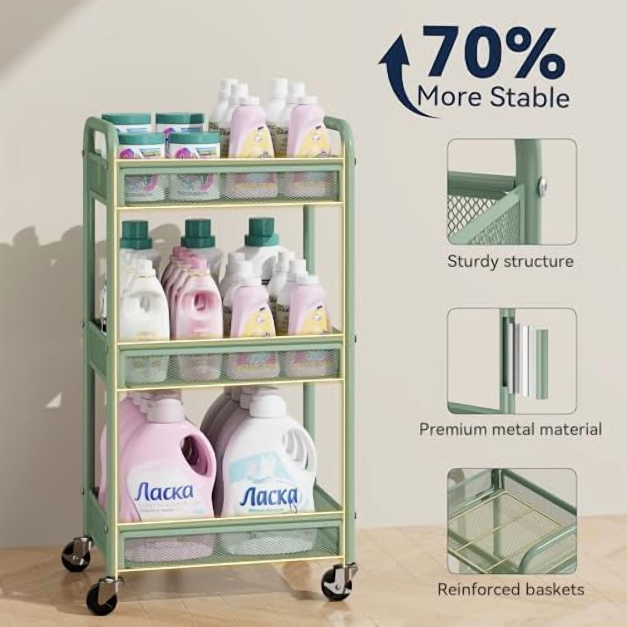 3 Tier Rolling Cart – Metal Utility Storage Carts with Wheels, Craft Carts Organizer with Hanging Cups, Hooks, Mesh Basket for Bedside Kitchen Office Art, Green