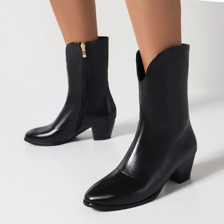 

Cathalem Wide Winter Boots for Women Fashion Women s Shoes Solid Leather Thick Heel Solid Side Zipper High Women s Cowboy Boot Black 6.5