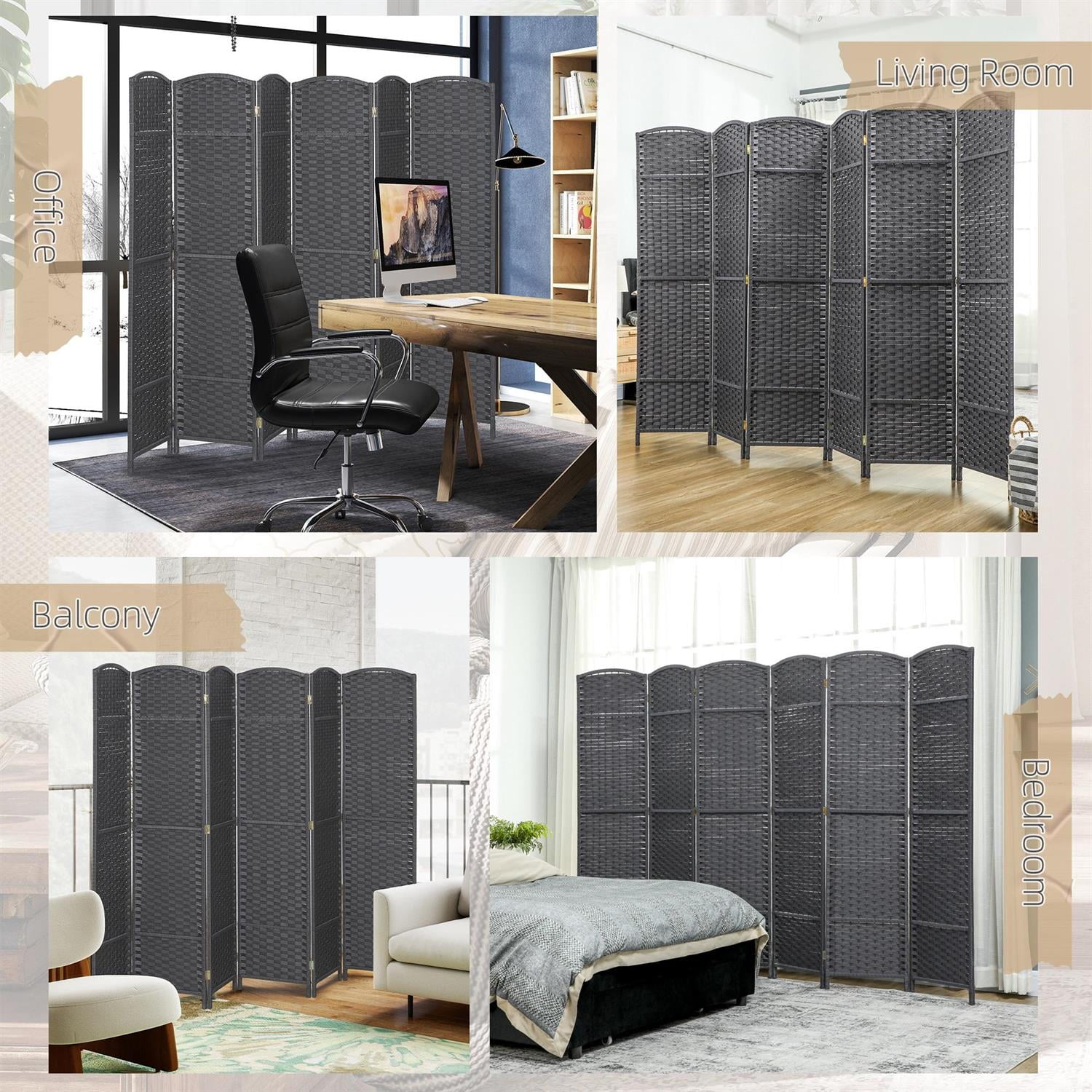 Demi Bonn 6-Panel Foldable Room Divider Screen with 5.6ft Tall Privacy Screen, Space Partition for Home Office, Freestanding Screen Wall, Gray