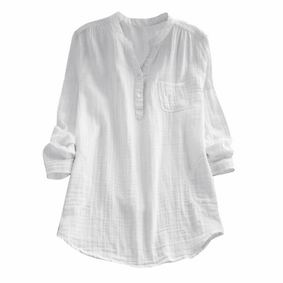 Jxximdong Women Blouses, Women's Pocket Solid Color V Neck Cotton Long Sleeved Loose Casual Shirt, White Daily Dresses for Women
