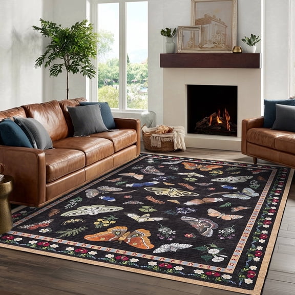 Washable Area Rug 8'x10', Non Slip Washable Rug for Living Room, Animal Butterfly Print Indoor Soft Carpet for Bedroom, Dining Room